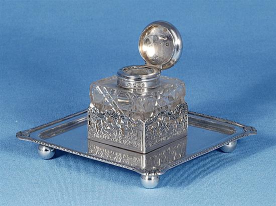 A Victorian silver square inkstand, 5 ¼”/135mm Weight (base only) 7oz/197grms